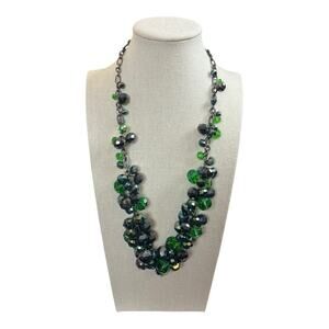 Women’s Necklace Earring Set Chunky Beaded Green Black Silver 9/10” Length